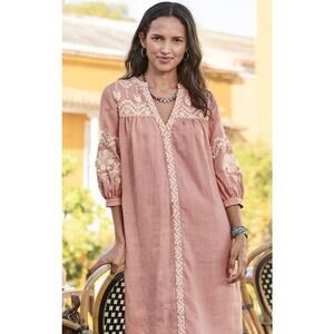 Sundance Pink White Embroidered Dress Shift Amina 100% Linen M Dusty Rose